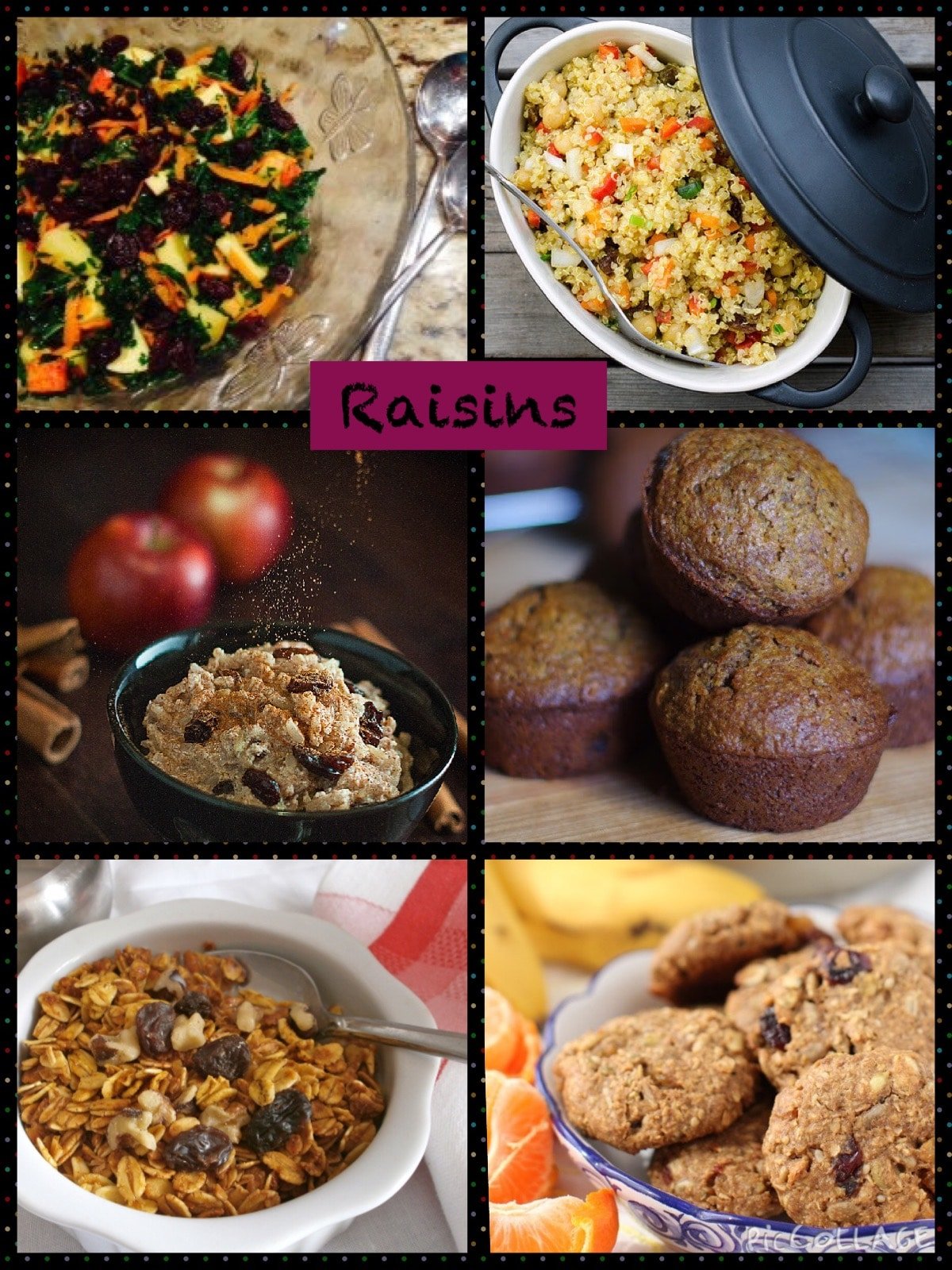 a collage of 6 pictures of recipes that highlight raisins