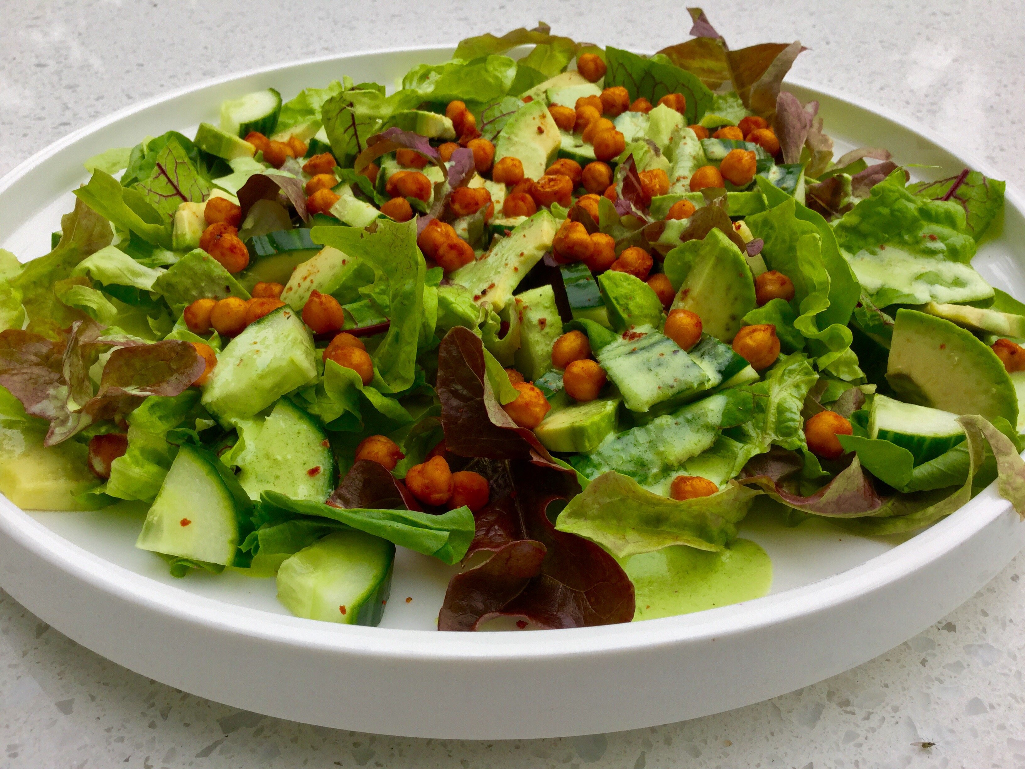 Eat your Greens Salad with Chickpea Croutons and Green Goddess Dressing
